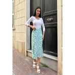 For You Moda Doğal Viskon Çift Yırtmaç Desenli Mavi Etek - 2XL