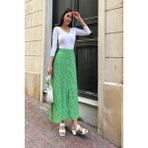 For You Moda Doğal Viskon Ön Düğmeli Desenli Yeşil Etek - 3XL