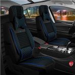 ford Escort Uyumlu Lüks Deri Oto Koltuk Kılıfı Ön Arka Takım Set Dalyan Serisi Siyah Mavi - Siyah - Mavi