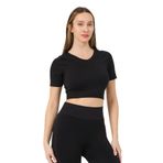 FOREVER MORE Kadın V Yaka Kısa Kollu Dikişsiz Esnek T-shirt Crop Top siyah-L