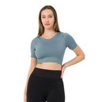 FOREVER MORE Kadın V Yaka Kısa Kollu Dikişsiz Esnek T-shirt Crop Top turkuaz-S