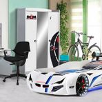 Formula Çalışma Masası Genç Odası Takımı, Beyaz Mercedes Full Ledli Arabalı Yatak