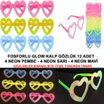 Fosforlu Kalp Model Glow Parti Gözlüğü Karanlıkta Yanan Gözlükler 12 Adet (5296)