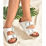 Fox Shoes K777604809 Beyaz Çift Tokalı Taşlı Kadın Terlik