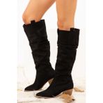 Fox Shoes Kadın Siyah Süet Çizme J404040102 Orta Topuklu Şık Tasarım 6 cm Topuk Yüksekliği