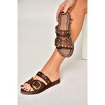 Fox Shoes Kadın Zımba Detaylı Deri Terlik, 37, Y3904507, Kahverengi-Hakiki Deri