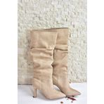 Fox Shoes L404868002 Ten Süet İnce Topuklu Krem Çizme