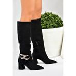 Fox Shoes L572951002 Siyah Süet Zincir Detaylı Kalın Topuklu Kadın Çizme