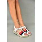 fox SHOES P540026703 Lacivert/Beyaz/Kırmızı Hakiki Deri Kadın Sandalet, Lacivert/Beyaz/Kırmızı-Hakiki Deri, 36