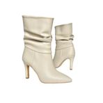 fox SHOES R404020309 Bej İnce Topuklu Büzgülü Kadın Bot, Bej-Suni Deri, 37