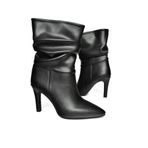 fox SHOES R404020309 Siyah İnce Topuklu Büzgülü Kadın Bot, Siyah-Suni Deri, 40