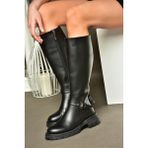 Fox Shoes R518096809 Siyah Suni Deri Fermuarlı Alçak Topuklu Kadın Çizme