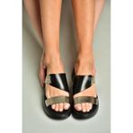 Fox Shoes S291059703 Siyah/Platin Hakiki Deri Kalın Tabanlı Kadın Terlik
