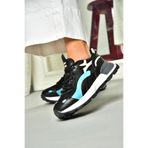 fox SHOES S312213109 Siyah Kalın Tabanlı Spor Ayakkabı Sneakers, Siyah-Suni Deri, 38
