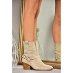 Fox Shoes T296094002 Bej Süet Kovboy Model Kalın Tabanlı Kadın Bot