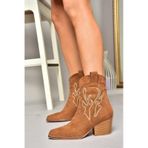 Fox Shoes T296112002 Taba Süet Kalın Topuklu Kadın Bot