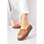 fox SHOES Taba Hakiki Deri Kalın Bantlı Örgü Modelli Günlük Kadın Terlik M291850003, Taba-Hakiki Deri, 39