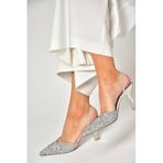 fox SHOES U614567114 Gümüş Sim Kalın Topuklu Abiye Ayakkabı, Gümüş-Sim, 37