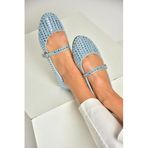 fox SHOES U726634504 Mavi Kot Kumaş Taş Detaylı Kadın Babet, Mavi Kot-Kumaş, 39