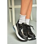fox SHOES U973213809 Siyah Kalın Tabanlı Spor Ayakkabı Sneakers, Siyah-Suni Deri, 37