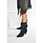 fox SHOES V404022202 Siyah Süet Alçak Topuklu Püsküllü Kadın Bot, Siyah-Süet, 39