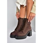 fox SHOES V726681502 Kahverengi Süet Kalın Topuklu Bağcıklı Kadın Bot, Kahverengi-Süet, 39