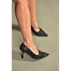 fox SHOES V820772109 Siyah İnci İşlemeleri İnce Topuklu Abiye Ayakkabı, Siyah-Suni Deri, 36