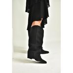 fox SHOES V846846001 Siyah Süet Kalın Topuklu Körüklü Kadın Çizme, Siyah-Nubuk, 37