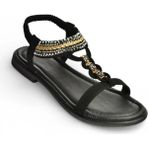 Fox Shoes Y274601309 Siyah Düz Tabanlı Taş Detaylı Kadın Sandalet