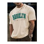 FoxSkin Sportswear&Company 1898 Brooklyn Tişört - Bej Baskılı Oversize Yazlık Kısa Kol T-Shirt Bisiklet Yaka