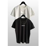 FoxSkin Sportswear&Company 2'li Brooklyn Tişört - Beyaz Siyah Baskılı Oversize Yazlık T-Shirt Bisiklet Yaka
