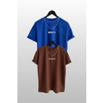 FoxSkin Sportswear&Company 2'li Brooklyn Tişört - Sax Mavi KAhverengi Baskılı Oversize Yazlık T-Shirt Bisiklet Yaka
