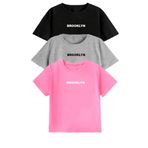 FoxSkin Sportswear&Company 3'Lü Brooklyn Çocuk Tişört - Siyah Gri Pembe Baskılı Oversize Yazlık T-Shirt Bisiklet Yaka