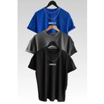 FoxSkin Sportswear&Company 3'lü Brooklyn Tişört - Siyah Füme Sax Mavi Baskılı Oversize Yazlık T-Shirt Bisiklet Yaka