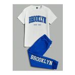 FoxSkin Sportswear&Company Brooklyn T-Shirt Eşofman Altı Jogger - Beyaz Sax Mavi Baskılı Eşofman Takımı Bisiklet Yaka