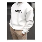 FoxSkin Sportswear&Company Nasa Yazılı Kalın Kışlık Sweatshirt - Beyaz Baskılı Oversize Şardonlu Bisiklet Yaka