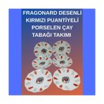 Fragonard Desenli Kırmızı Puantiyeli Porselen Çay Tabağı Takımı