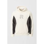 Frank Parçalı Kontrast Desenli Kapüşonlu Oversize Cepli Polar Erkek Sweatshirt - Ekru