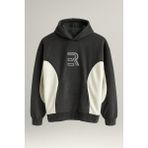 Frank Parçalı Kontrast Desenli Kapüşonlu Oversize Cepli Polar Erkek Sweatshirt - Füme