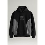 Frank Parçalı Kontrast Desenli Kapüşonlu Oversize Cepli Polar Erkek Sweatshirt - Siyah