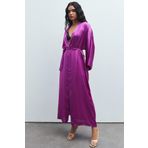 Frappant Saten Fuşya Uzun Sabahlık/Kimono