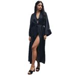 Frappant Saten Siyah Uzun Sabahlık/Kimono