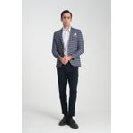 Frappoli Cabrio Erkek Lacivert-Gri Ekose Desenli Slim Fit Mono Yaka Blazer Ceket