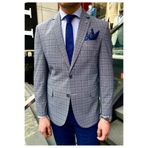 Frappoli Facune Erkek Koyu Lacivert Ekose Kumaşlı Mono Yaka Spor Blazer Ceket