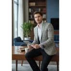 Frappoli Ferrucii Erkek Gri Ekose Battal Büyük Beden Dar Kesim Erkek Blazer Ceket
