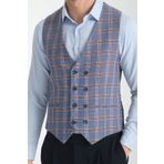 Frappoli Mavi-Bordo Ekose Desenli V Yaka Kruvaze Yelek Slim Fit