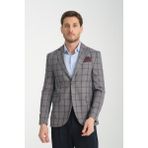 Frappoli Medardo Erkek Bordo Ekoseli Slim Fit Dar Kesim Mono Yaka Spor Blazer Ceket - Lacivert - 6 Drop - 50