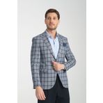 Frappoli Sanofi Erkek Lacivert Ekose Slim Fit Mono Yaka Spor Blazer Ceket