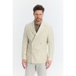 Frappoli Vitao Erkek Bej Italyan Çizgili Kruvaze Yarım Astarlı Slim Fit Spor Blazer Ceket - Açık Bej - 54 - 6 Drop
