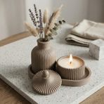 Free And Art Doğal Soya Mum Seti 3’lü El Yapımı Kapaklı Mum, Dekoratif Vazo ve Tabak Minimal, Modern, Ev Dekoru - Kahverengi